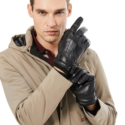 Warm Winter Leather Gloves Men's PU Leather Touch Screen Thick Fleece Windproof Thermal Gloves