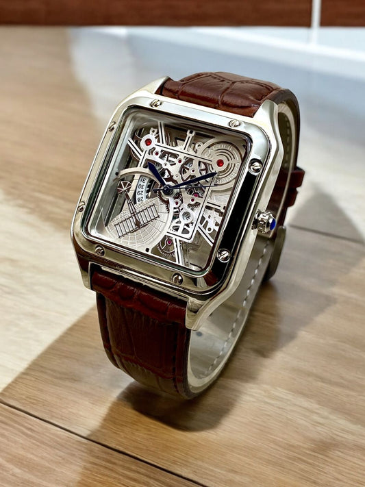 Silver Skeleton Dial Watch with Brown Leather Strap