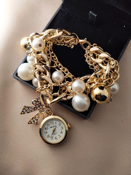 Elegant Pearl & Gold Chain Bracelet Watch