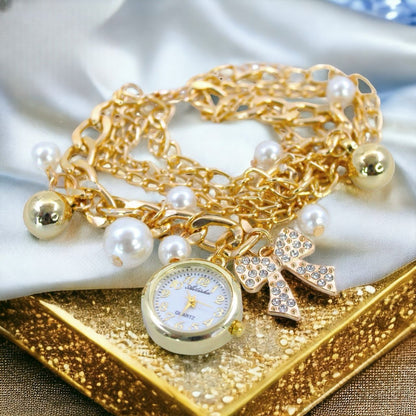 Elegant Pearl & Gold Chain Bracelet Watch