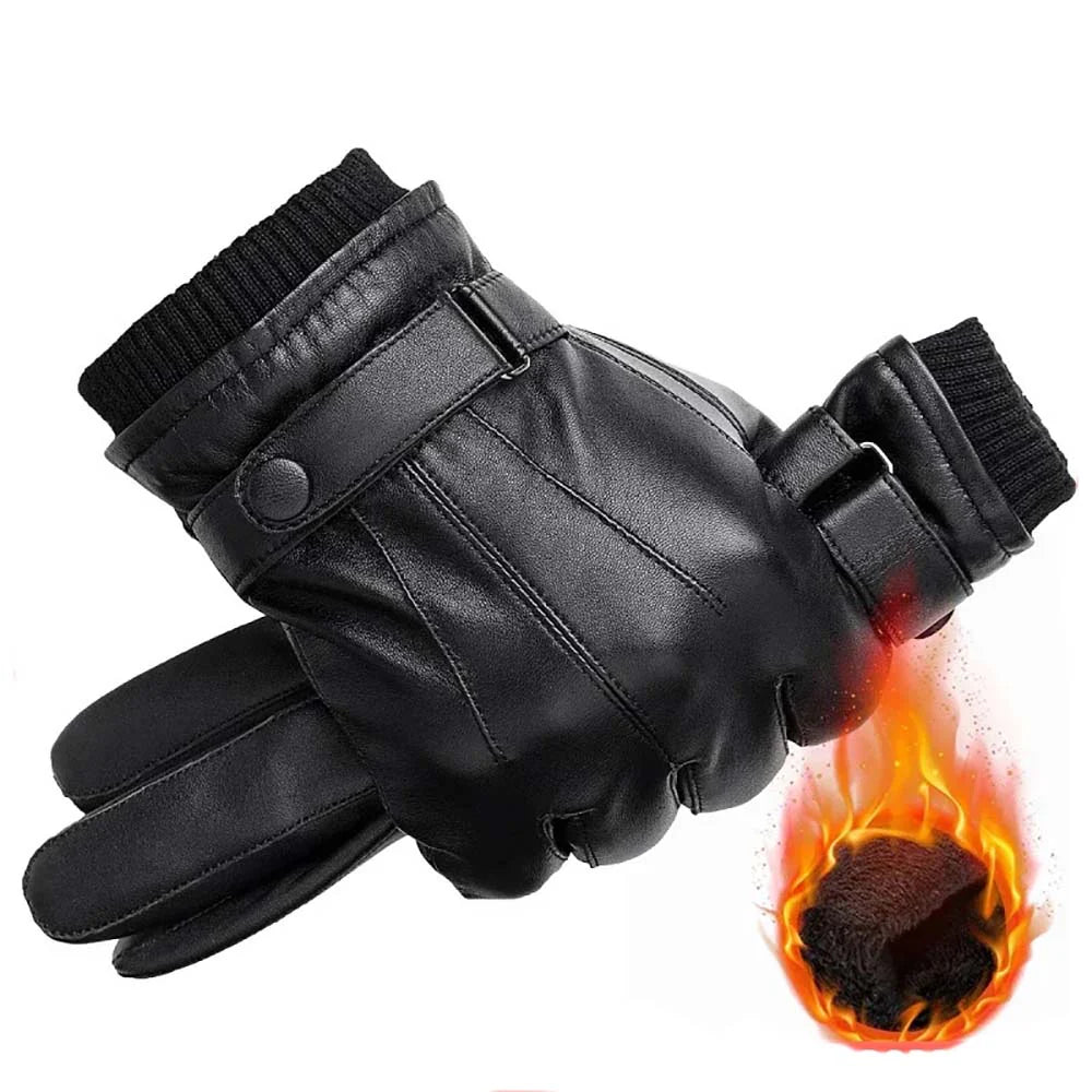 Warm Winter Leather Gloves Men's PU Leather Touch Screen Thick Fleece Windproof Thermal Gloves