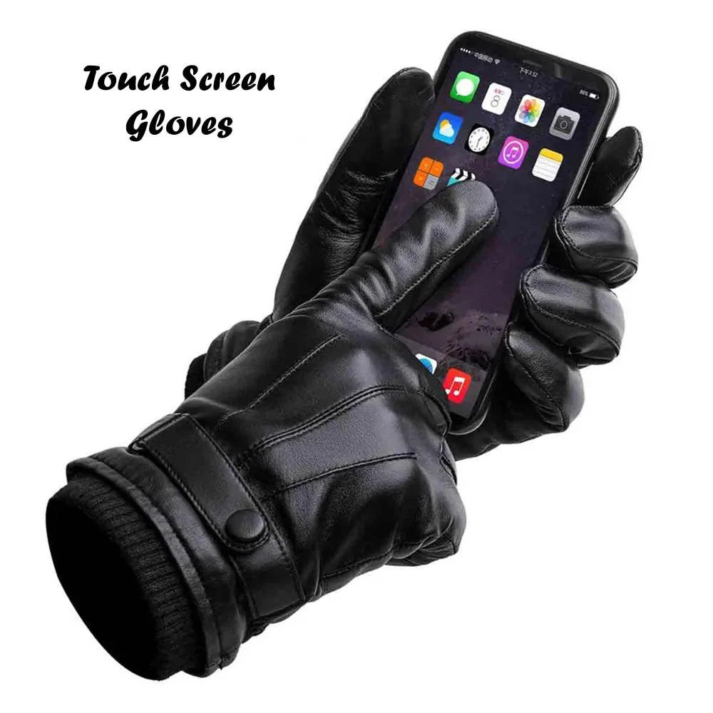 Warm Winter Leather Gloves Men's PU Leather Touch Screen Thick Fleece Windproof Thermal Gloves